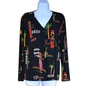 Chico’s Travelers Cardigan Size 1 Black Tropical Print Island Vacation Resort